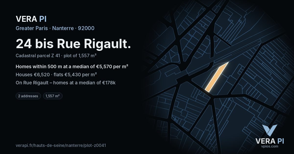 24 bis Rue Rigault, Nanterre at night – the plot lit, the parcels around coloured by the prices near them