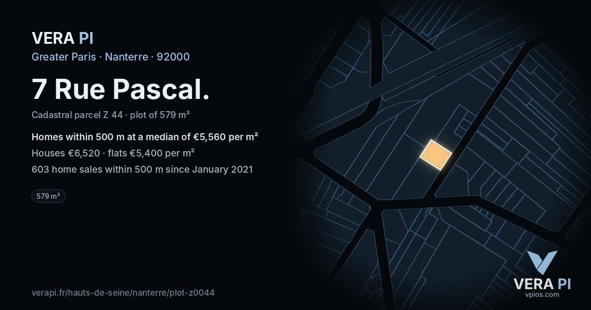 7 Rue Pascal, Nanterre at night – the plot lit, the parcels around coloured by the prices near them