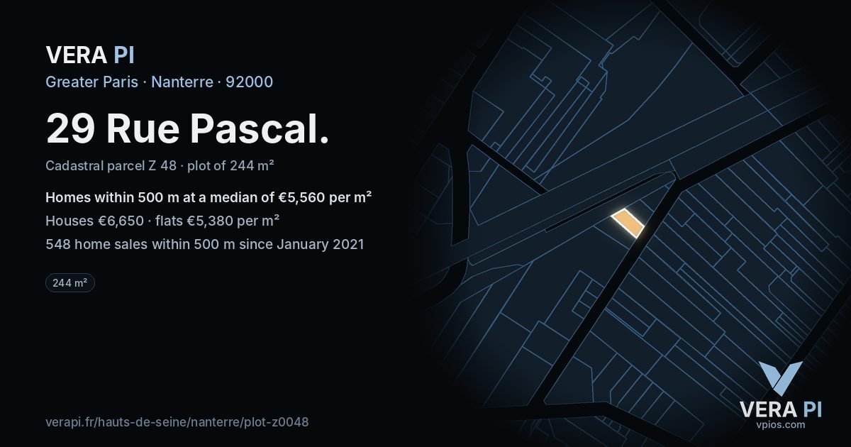 29 Rue Pascal, Nanterre at night – the plot lit, the parcels around coloured by the prices near them