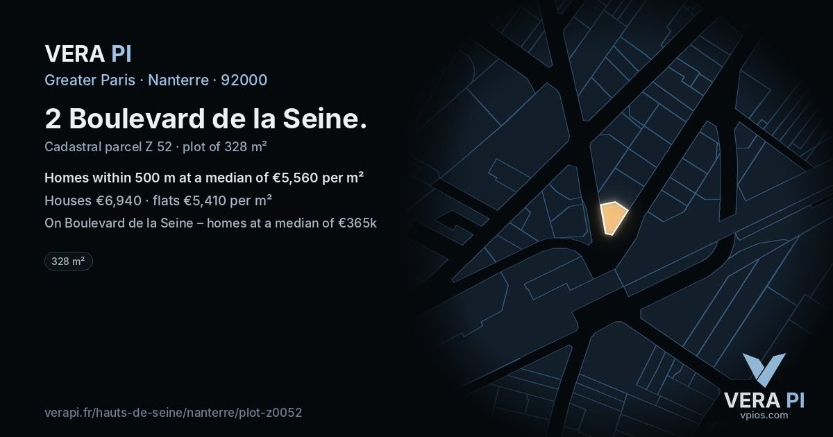 2 Boulevard de la Seine, Nanterre at night – the plot lit, the parcels around coloured by the prices near them