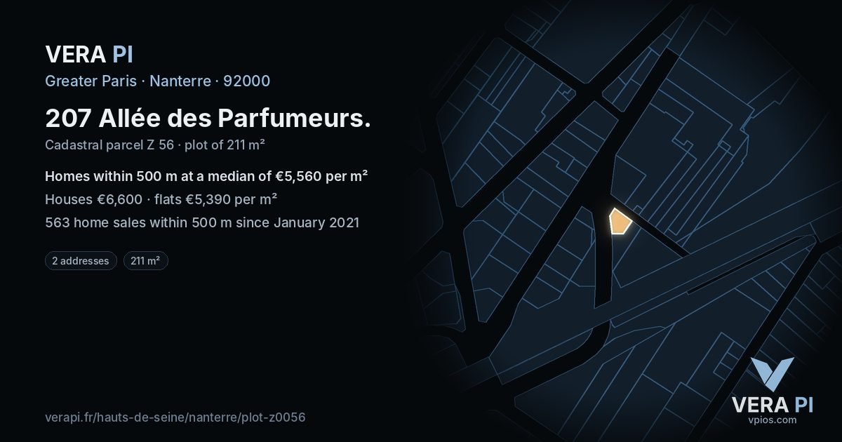 207 Allée des Parfumeurs, Nanterre at night – the plot lit, the parcels around coloured by the prices near them