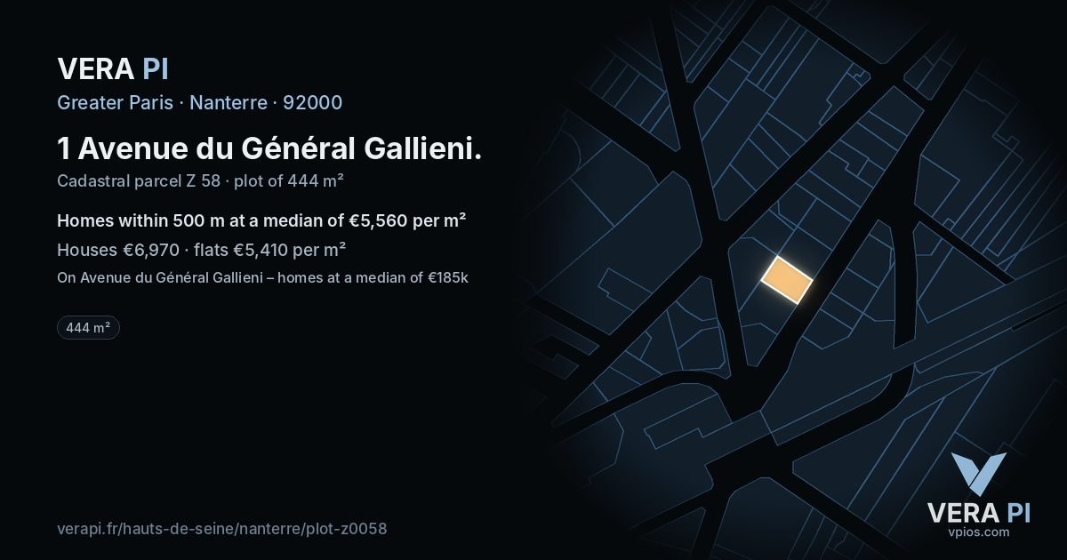 1 Avenue du Général Gallieni, Nanterre at night – the plot lit, the parcels around coloured by the prices near them