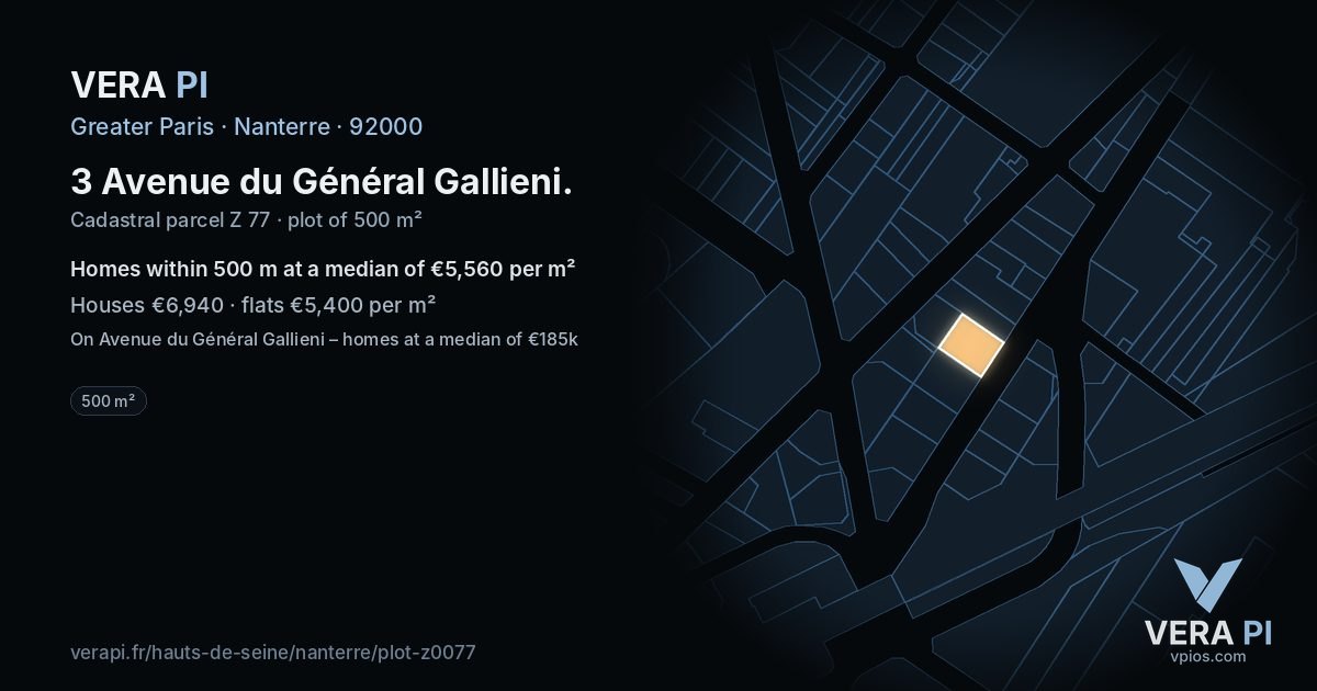 3 Avenue du Général Gallieni, Nanterre at night – the plot lit, the parcels around coloured by the prices near them