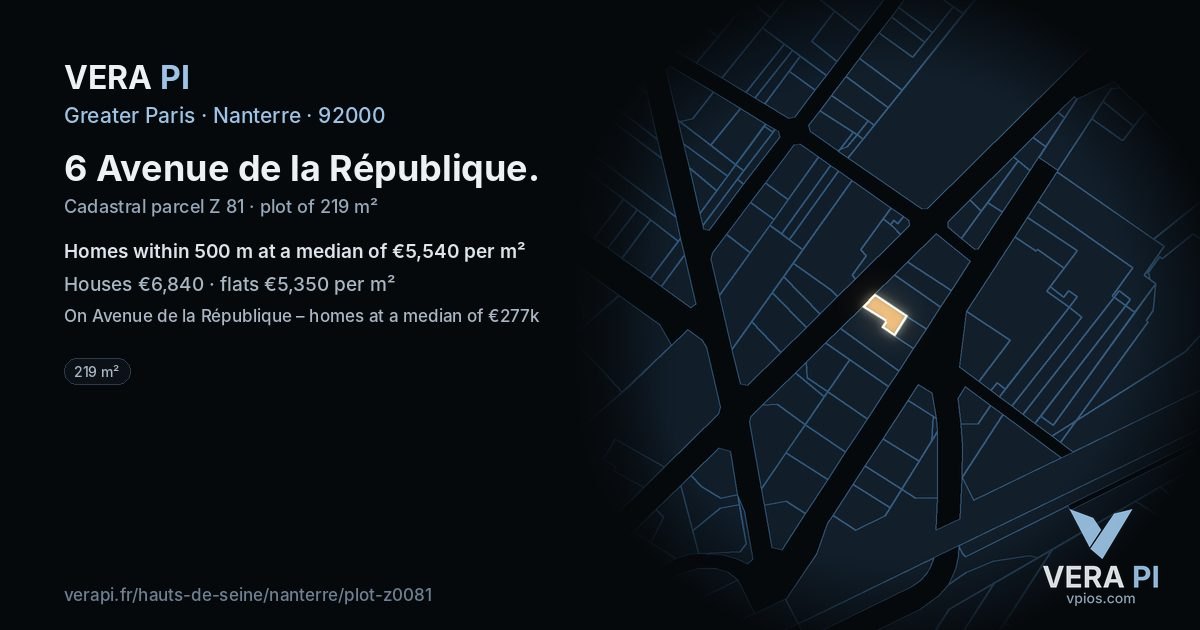 6 Avenue de la République, Nanterre at night – the plot lit, the parcels around coloured by the prices near them