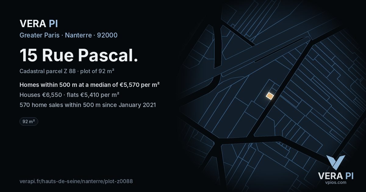 15 Rue Pascal, Nanterre at night – the plot lit, the parcels around coloured by the prices near them