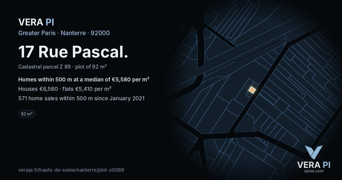 17 Rue Pascal, Nanterre at night – the plot lit, the parcels around coloured by the prices near them