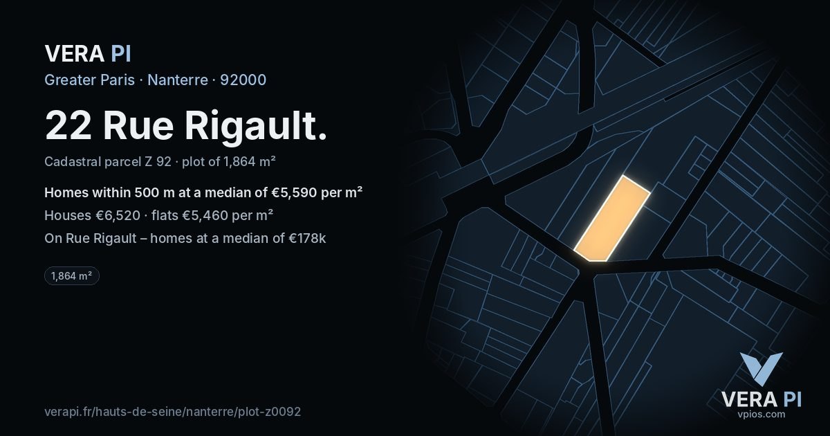 22 Rue Rigault, Nanterre at night – the plot lit, the parcels around coloured by the prices near them