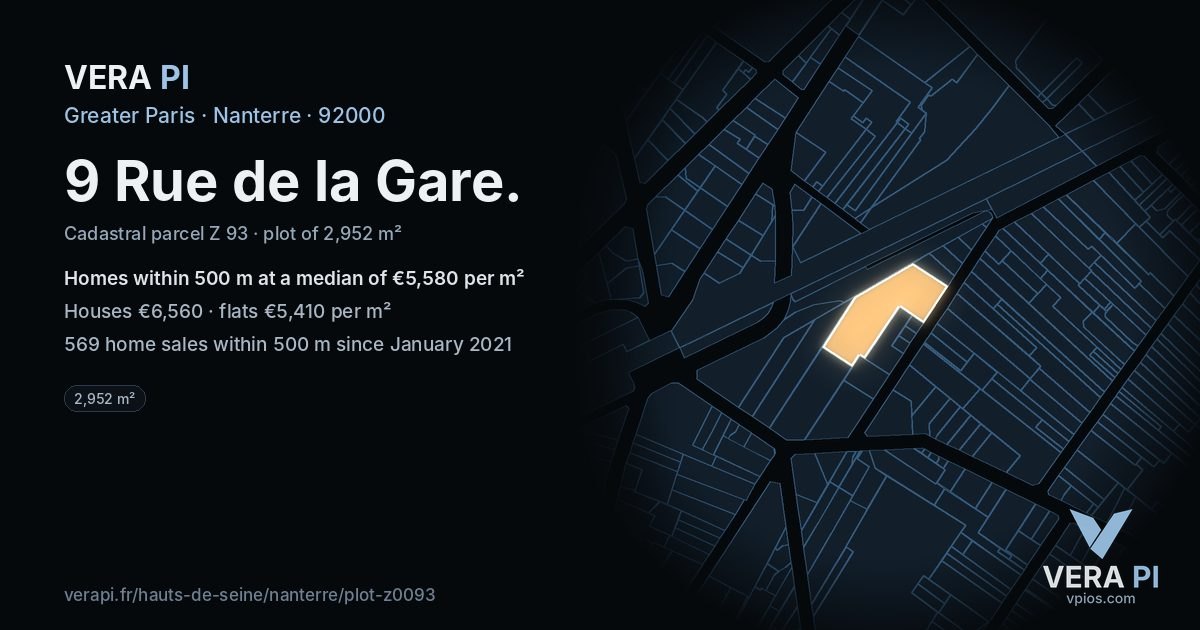 9 Rue de la Gare, Nanterre at night – the plot lit, the parcels around coloured by the prices near them