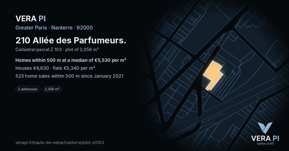 210 Allée des Parfumeurs, Nanterre at night – the plot lit, the parcels around coloured by the prices near them