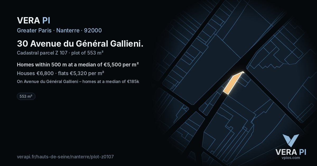 30 Avenue du Général Gallieni, Nanterre at night – the plot lit, the parcels around coloured by the prices near them