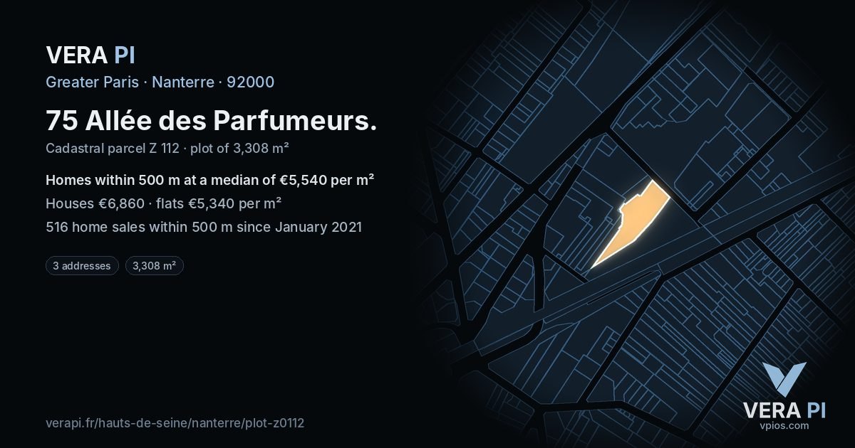 75 Allée des Parfumeurs, Nanterre at night – the plot lit, the parcels around coloured by the prices near them