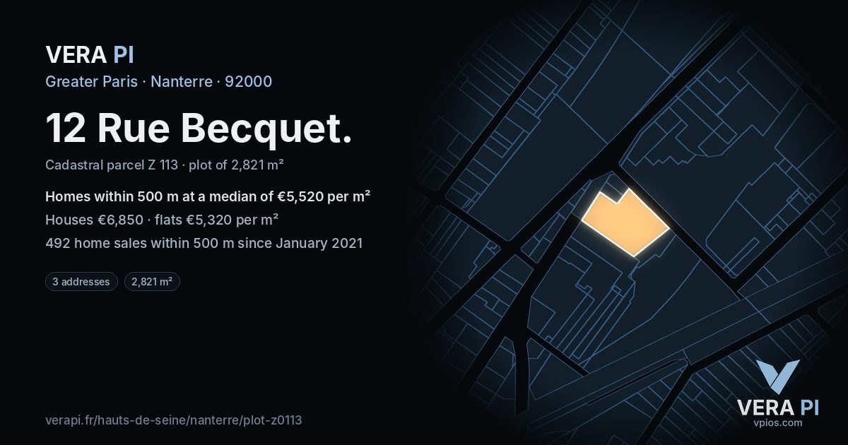 12 Rue Becquet, Nanterre at night – the plot lit, the parcels around coloured by the prices near them
