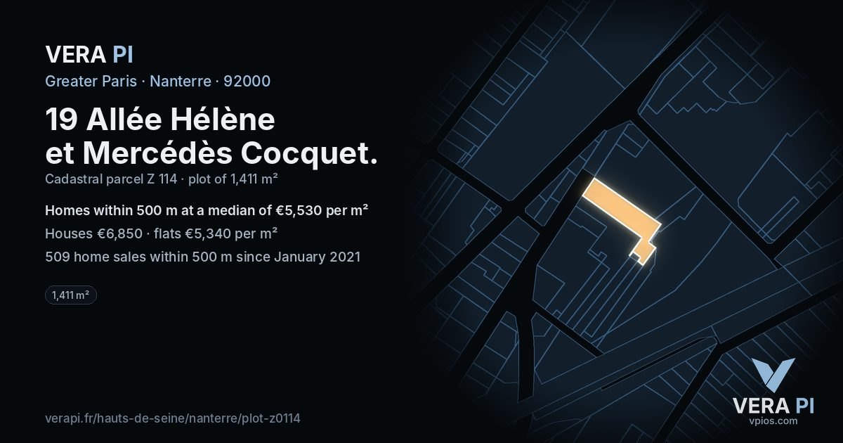 19 Allée Hélène et Mercédès Cocquet, Nanterre at night – the plot lit, the parcels around coloured by the prices near them