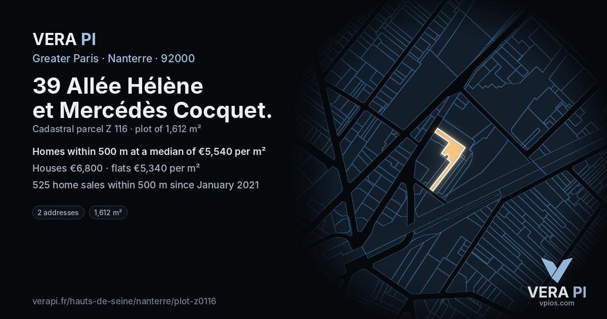 39 Allée Hélène et Mercédès Cocquet, Nanterre at night – the plot lit, the parcels around coloured by the prices near them
