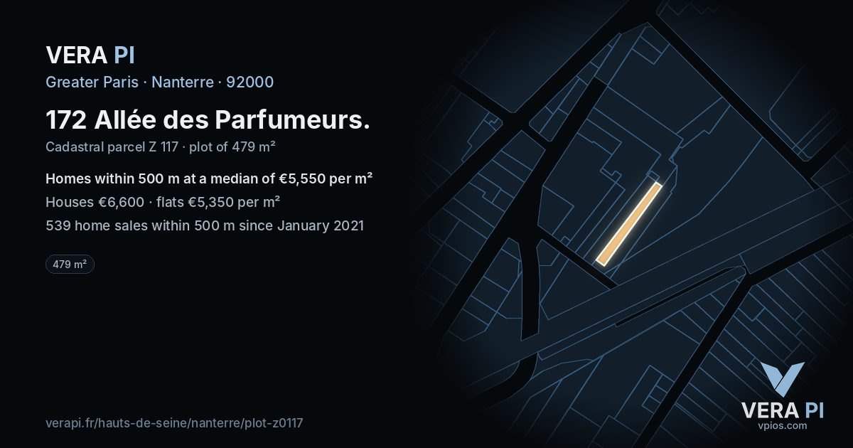 172 Allée des Parfumeurs, Nanterre at night – the plot lit, the parcels around coloured by the prices near them