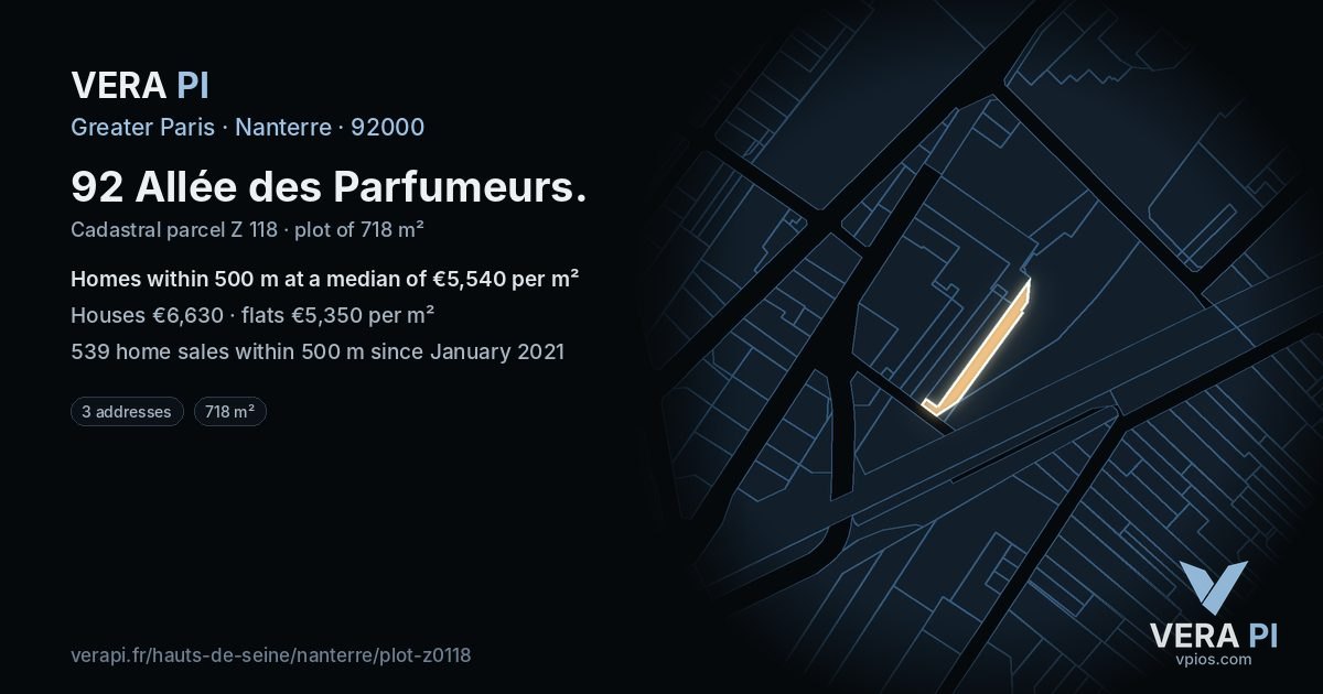 92 Allée des Parfumeurs, Nanterre at night – the plot lit, the parcels around coloured by the prices near them