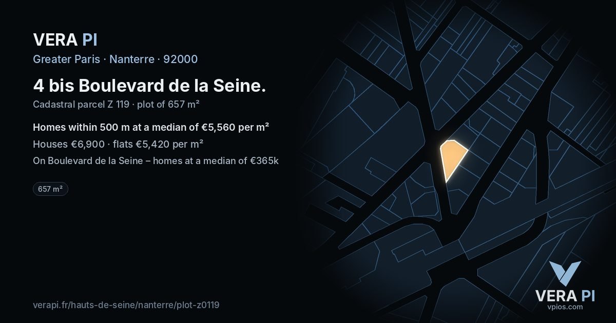 4 bis Boulevard de la Seine, Nanterre at night – the plot lit, the parcels around coloured by the prices near them