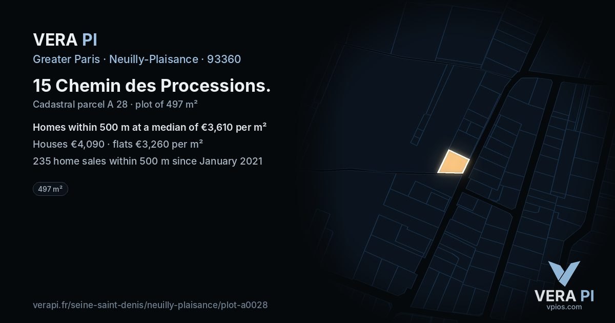 15 Chemin des Processions, Neuilly-Plaisance at night – the plot lit, the parcels around coloured by the prices near them
