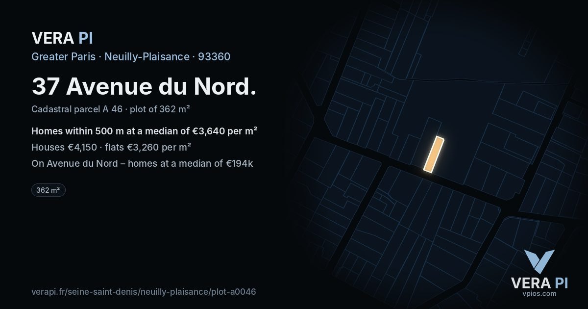 37 Avenue du Nord, Neuilly-Plaisance at night – the plot lit, the parcels around coloured by the prices near them