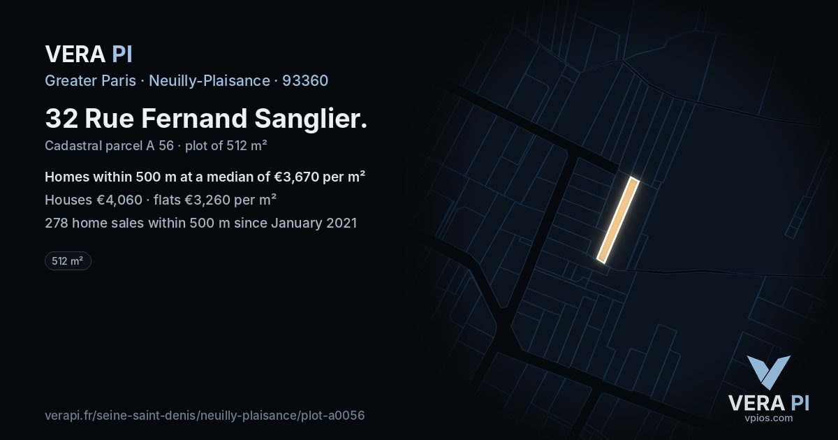32 Rue Fernand Sanglier, Neuilly-Plaisance at night – the plot lit, the parcels around coloured by the prices near them