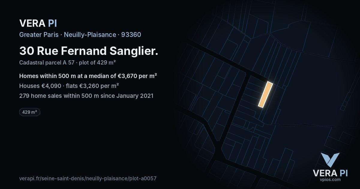 30 Rue Fernand Sanglier, Neuilly-Plaisance at night – the plot lit, the parcels around coloured by the prices near them