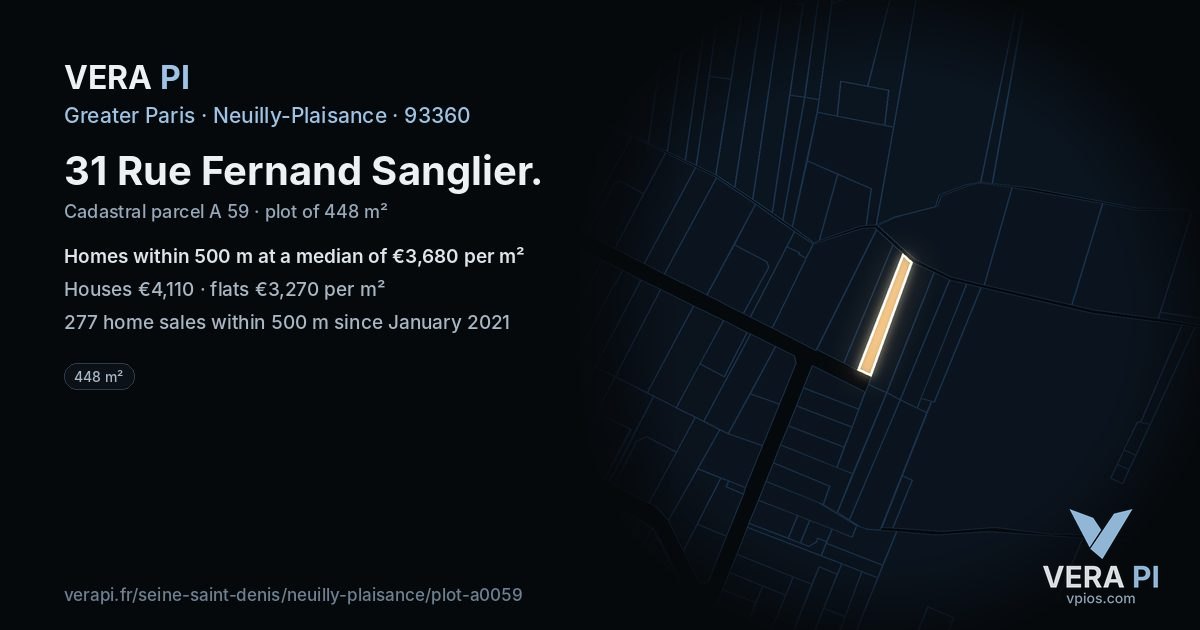 31 Rue Fernand Sanglier, Neuilly-Plaisance at night – the plot lit, the parcels around coloured by the prices near them