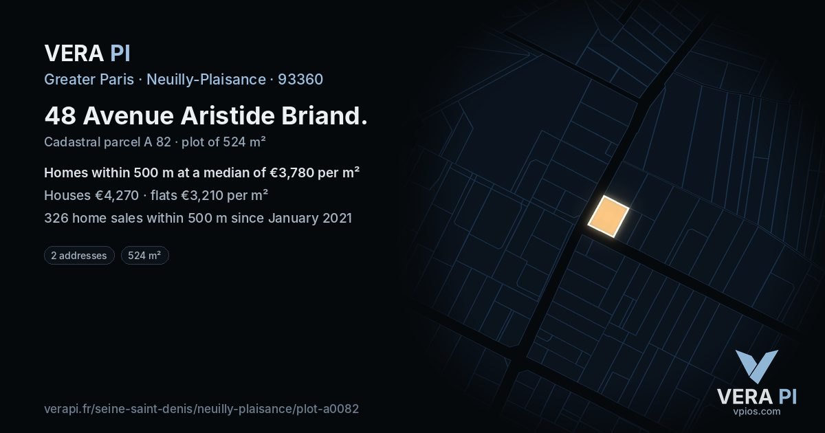 48 Avenue Aristide Briand, Neuilly-Plaisance at night – the plot lit, the parcels around coloured by the prices near them