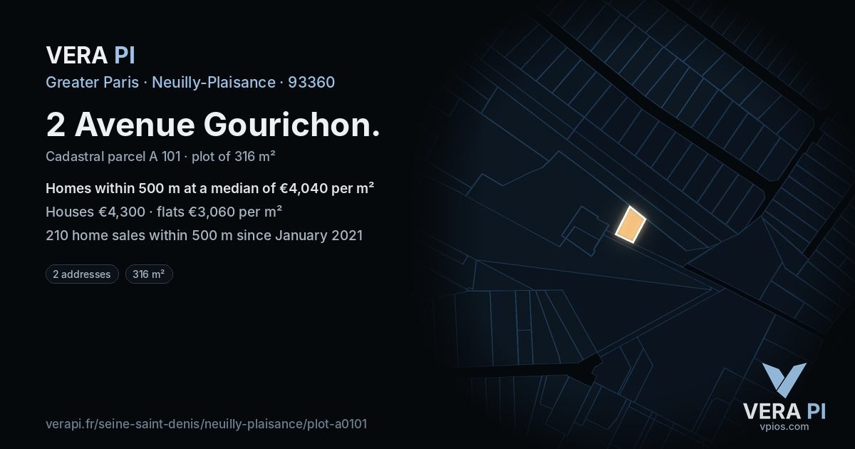 2 Avenue Gourichon, Neuilly-Plaisance at night – the plot lit, the parcels around coloured by the prices near them