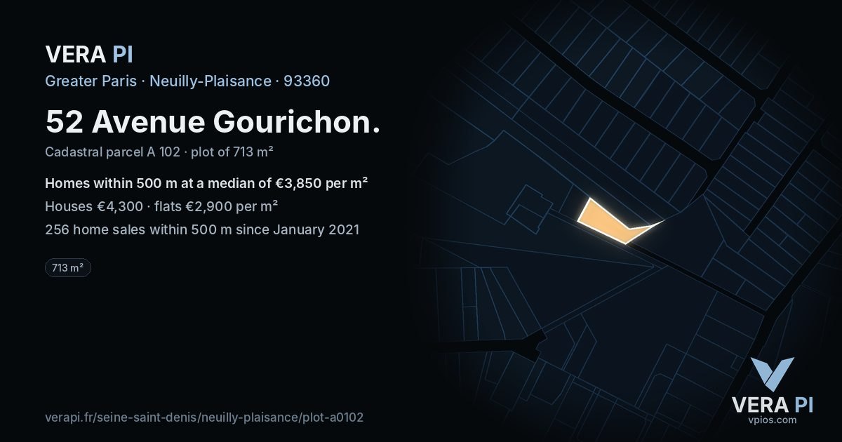 52 Avenue Gourichon, Neuilly-Plaisance at night – the plot lit, the parcels around coloured by the prices near them