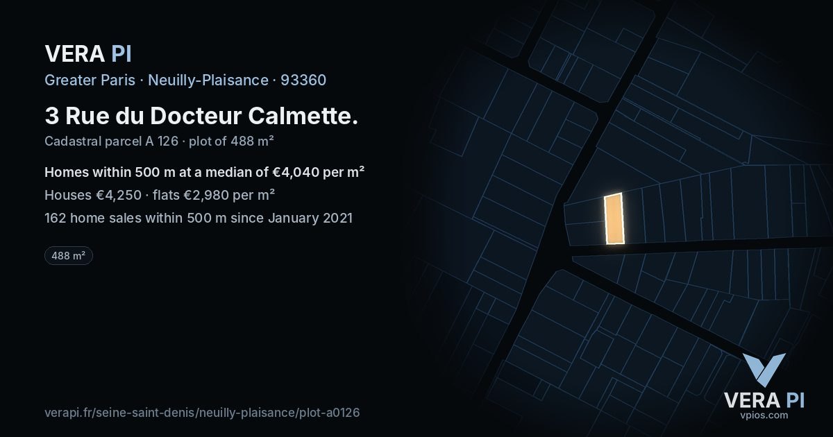 3 Rue du Docteur Calmette, Neuilly-Plaisance at night – the plot lit, the parcels around coloured by the prices near them