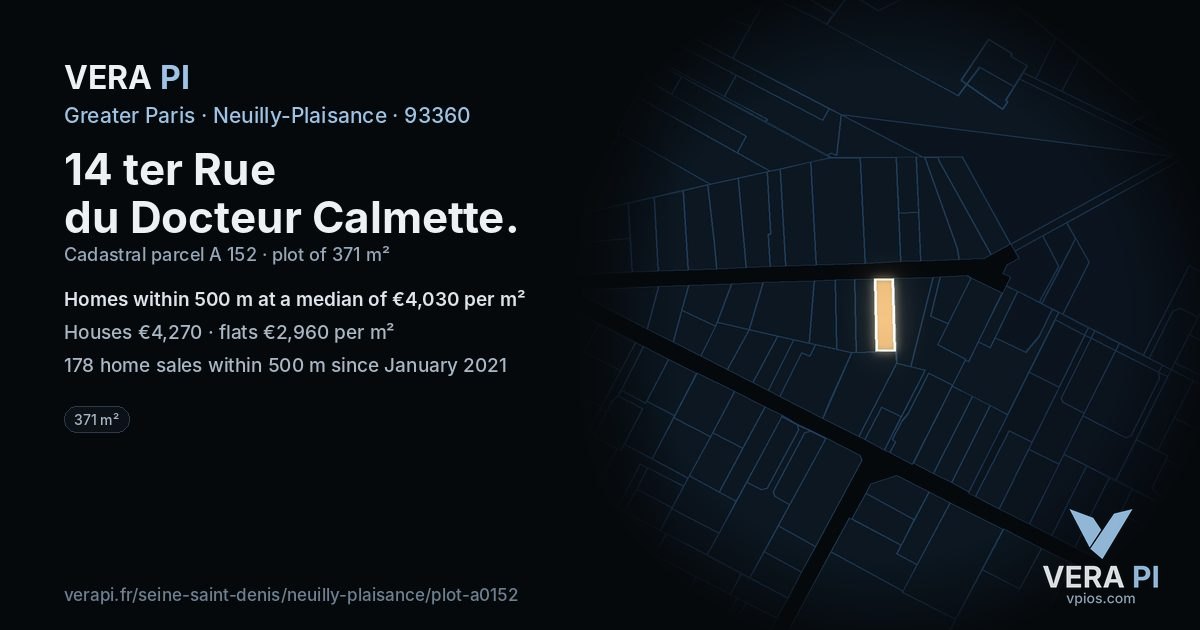 14 ter Rue du Docteur Calmette, Neuilly-Plaisance at night – the plot lit, the parcels around coloured by the prices near them
