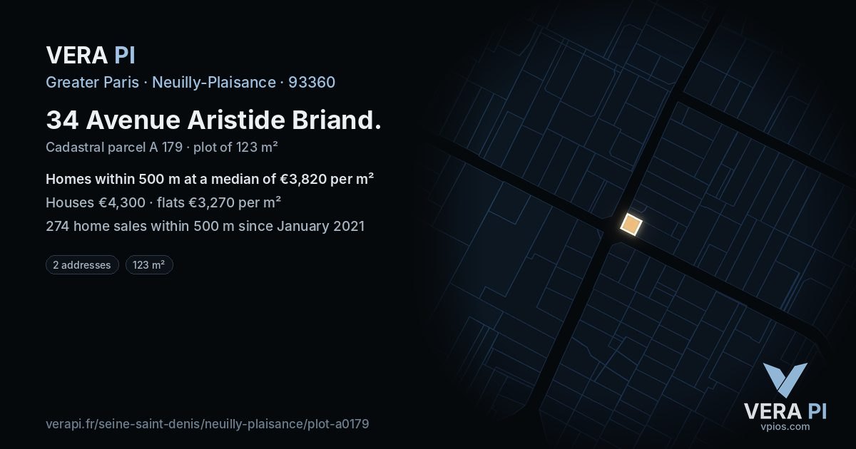 34 Avenue Aristide Briand, Neuilly-Plaisance at night – the plot lit, the parcels around coloured by the prices near them