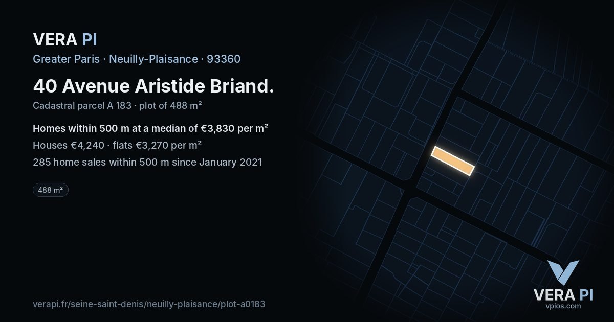 40 Avenue Aristide Briand, Neuilly-Plaisance at night – the plot lit, the parcels around coloured by the prices near them