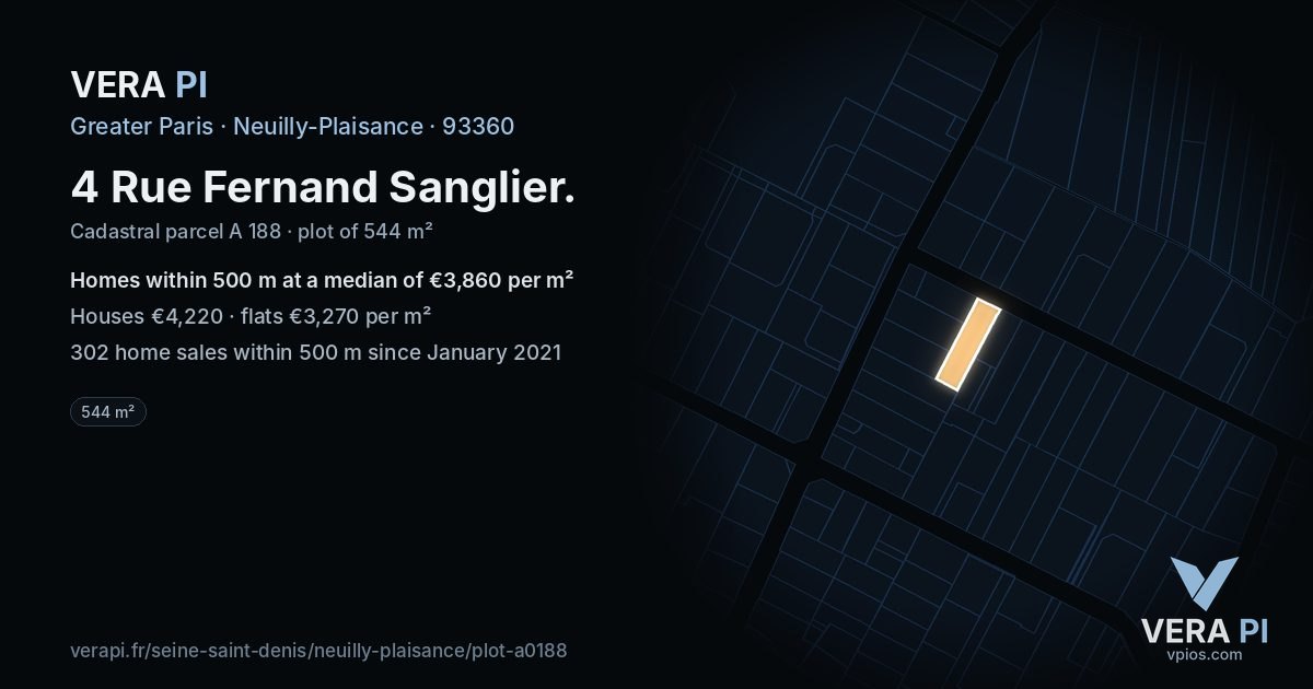 4 Rue Fernand Sanglier, Neuilly-Plaisance at night – the plot lit, the parcels around coloured by the prices near them