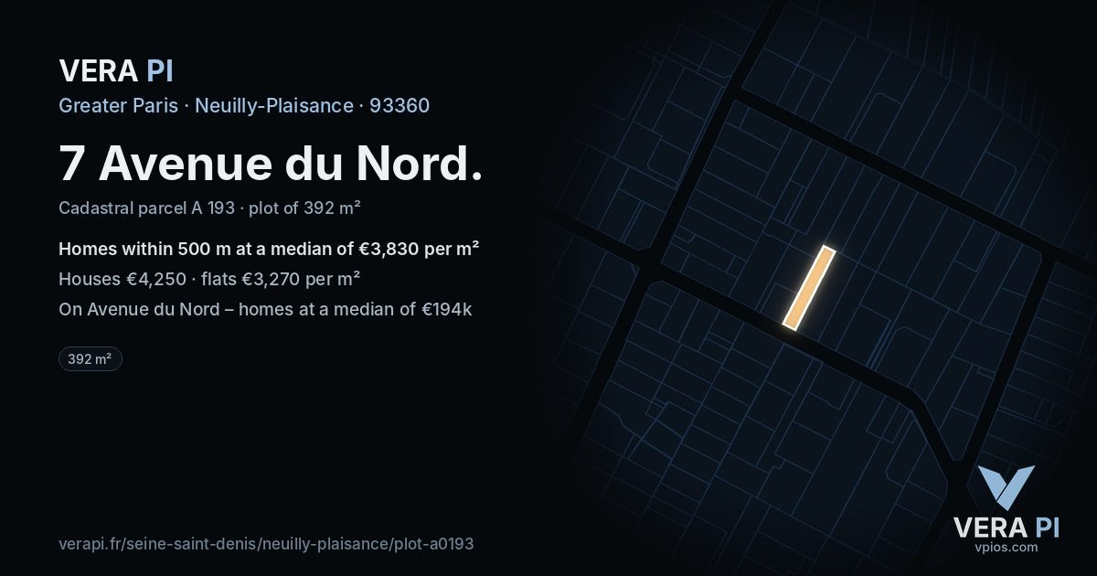 7 Avenue du Nord, Neuilly-Plaisance at night – the plot lit, the parcels around coloured by the prices near them