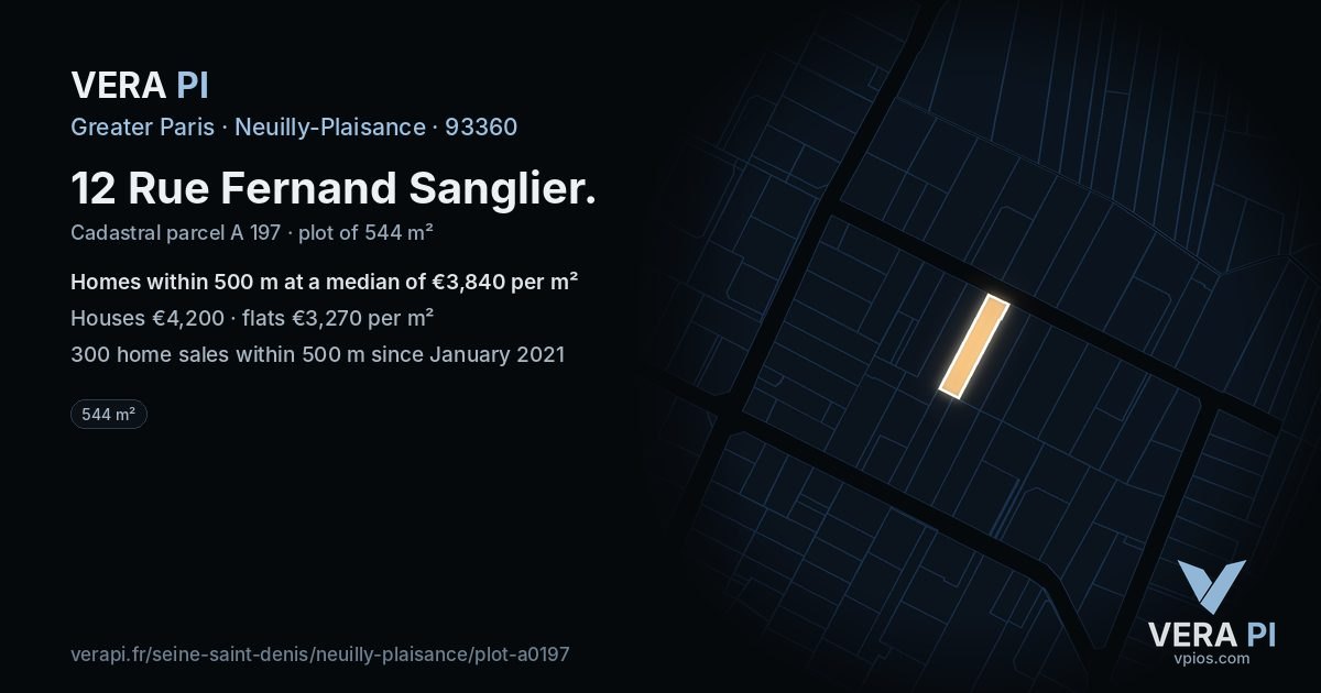 12 Rue Fernand Sanglier, Neuilly-Plaisance at night – the plot lit, the parcels around coloured by the prices near them