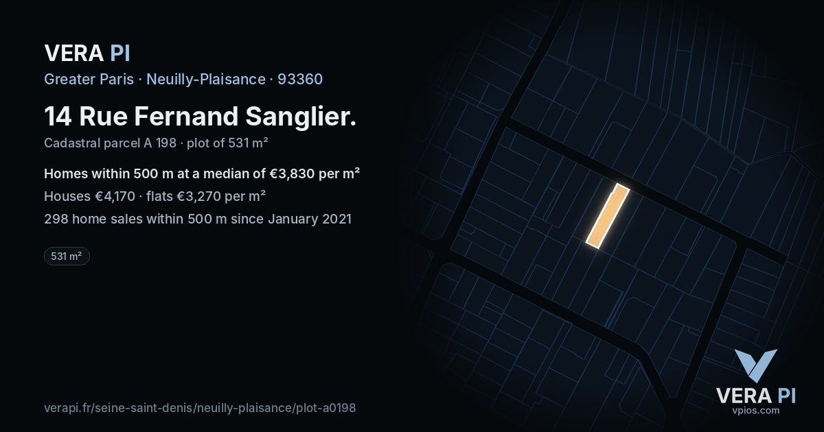 14 Rue Fernand Sanglier, Neuilly-Plaisance at night – the plot lit, the parcels around coloured by the prices near them