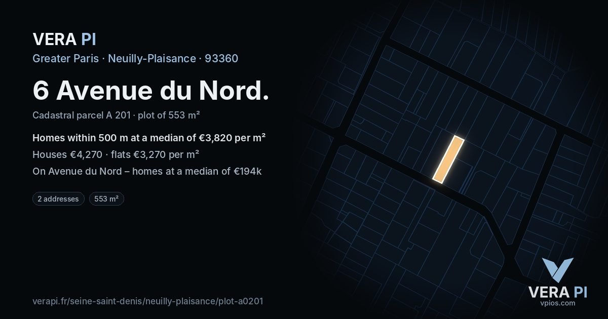 6 Avenue du Nord, Neuilly-Plaisance at night – the plot lit, the parcels around coloured by the prices near them