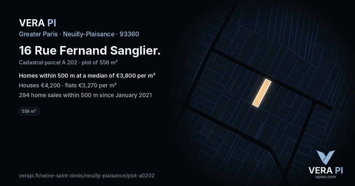 16 Rue Fernand Sanglier, Neuilly-Plaisance at night – the plot lit, the parcels around coloured by the prices near them