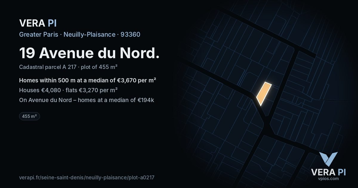 19 Avenue du Nord, Neuilly-Plaisance at night – the plot lit, the parcels around coloured by the prices near them