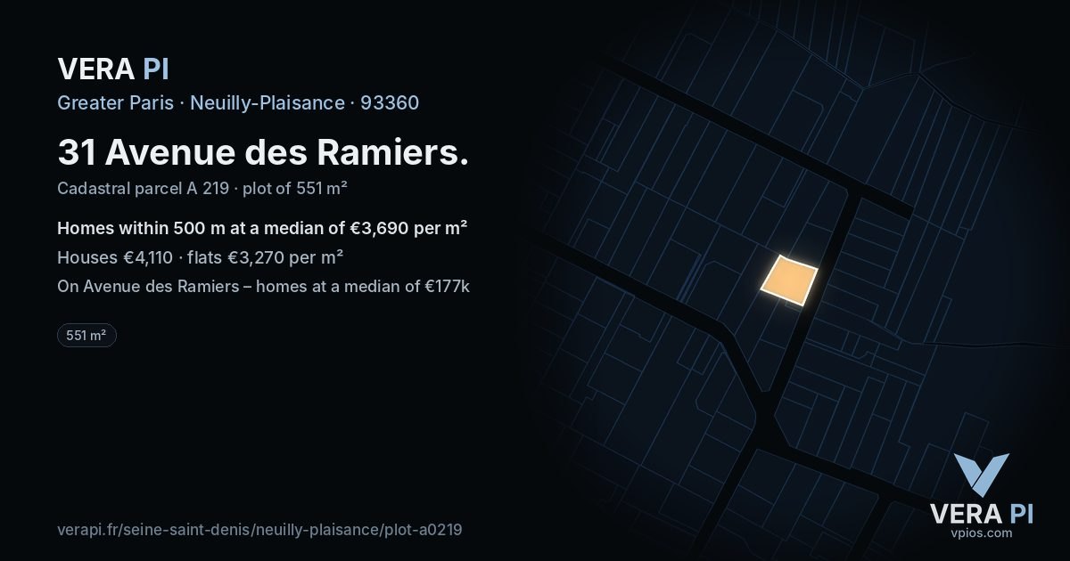 31 Avenue des Ramiers, Neuilly-Plaisance at night – the plot lit, the parcels around coloured by the prices near them