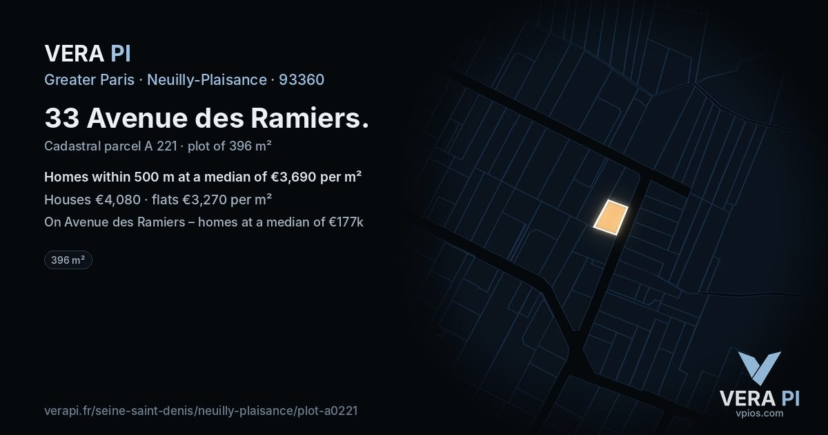 33 Avenue des Ramiers, Neuilly-Plaisance at night – the plot lit, the parcels around coloured by the prices near them