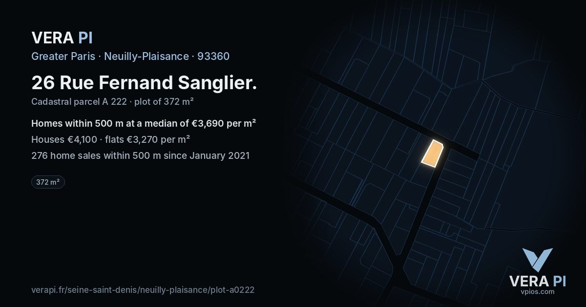26 Rue Fernand Sanglier, Neuilly-Plaisance at night – the plot lit, the parcels around coloured by the prices near them