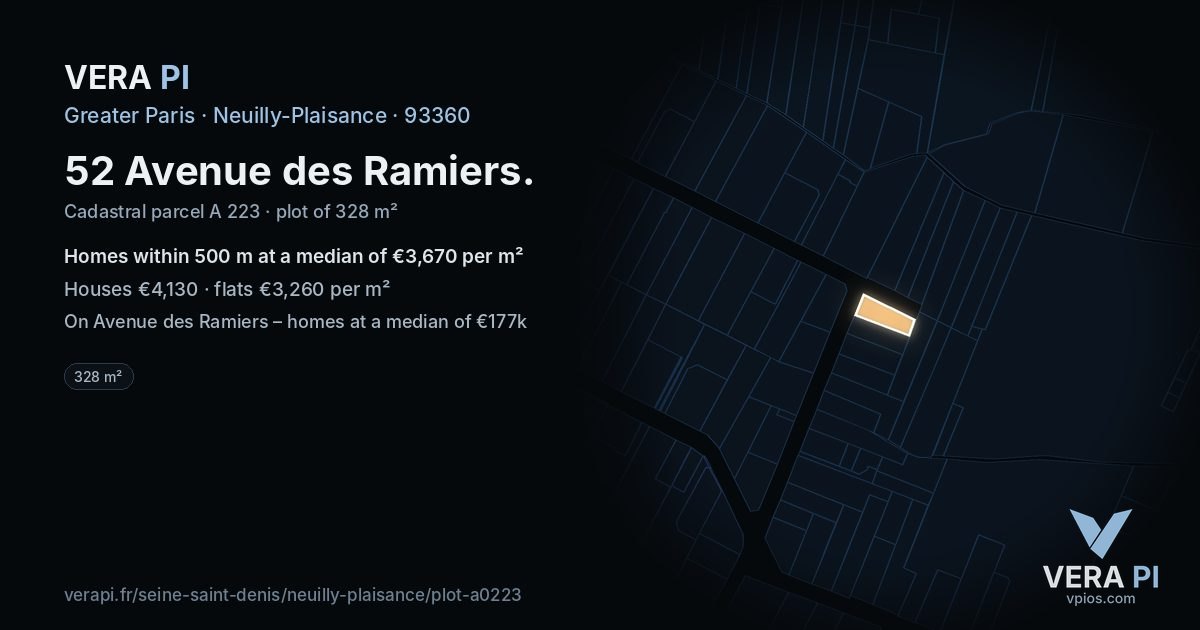 52 Avenue des Ramiers, Neuilly-Plaisance at night – the plot lit, the parcels around coloured by the prices near them