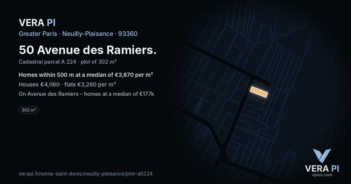 50 Avenue des Ramiers, Neuilly-Plaisance at night – the plot lit, the parcels around coloured by the prices near them