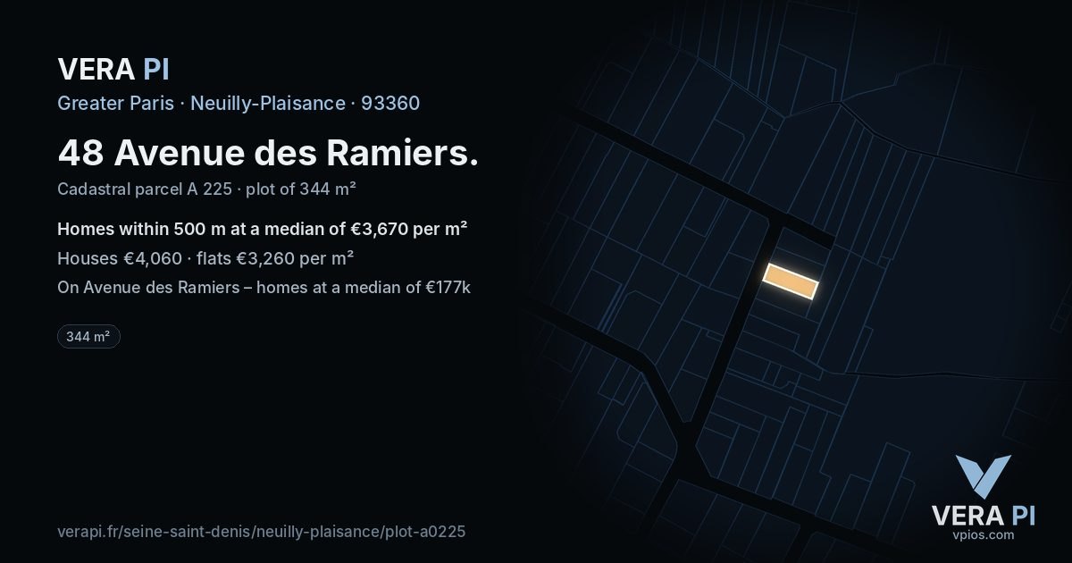 48 Avenue des Ramiers, Neuilly-Plaisance at night – the plot lit, the parcels around coloured by the prices near them