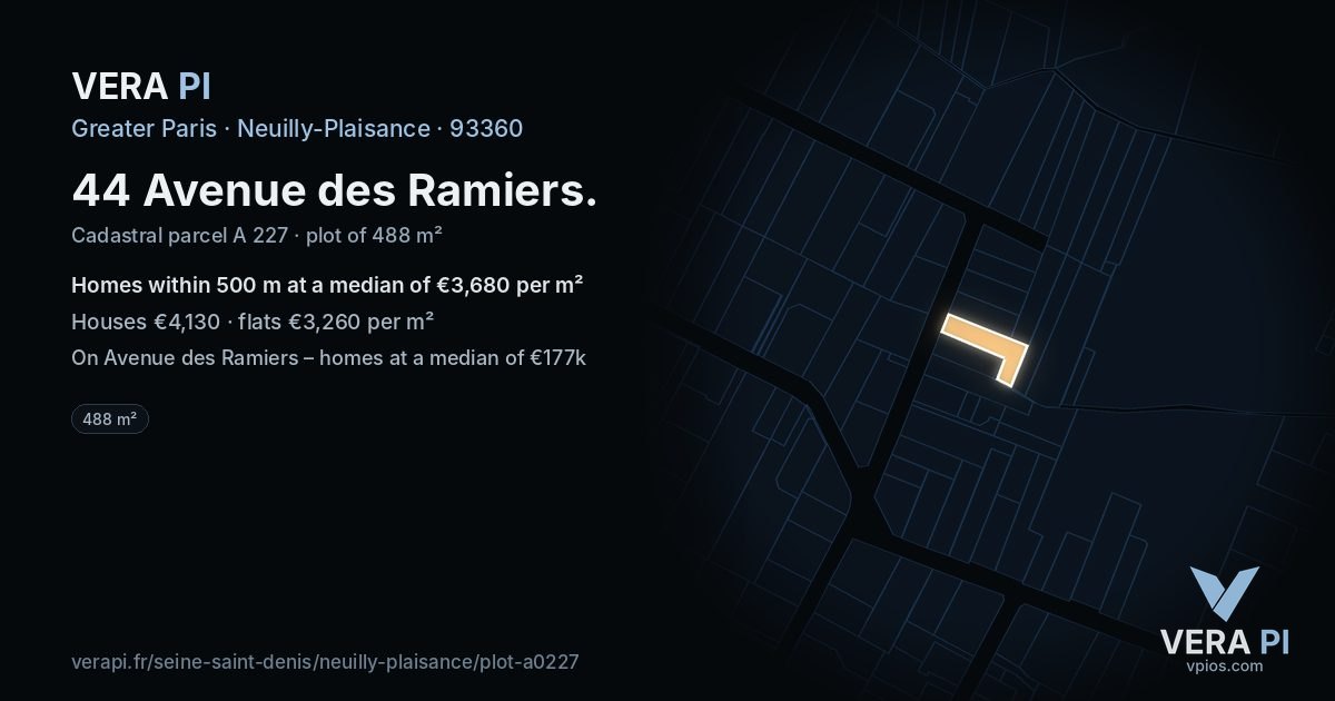 44 Avenue des Ramiers, Neuilly-Plaisance at night – the plot lit, the parcels around coloured by the prices near them