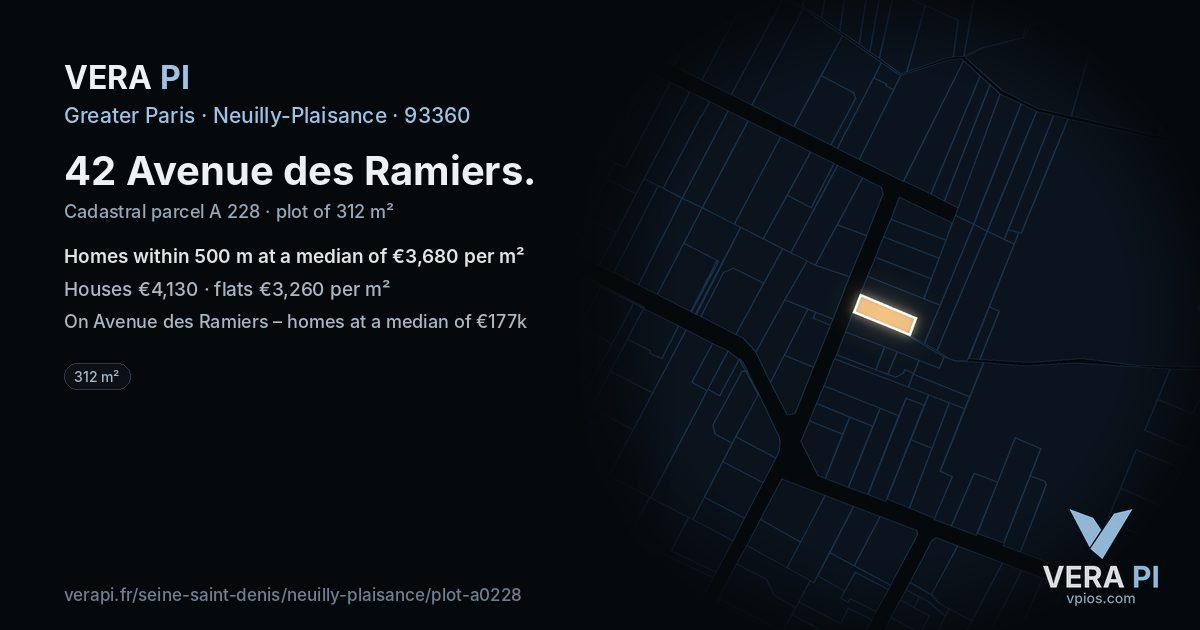42 Avenue des Ramiers, Neuilly-Plaisance at night – the plot lit, the parcels around coloured by the prices near them