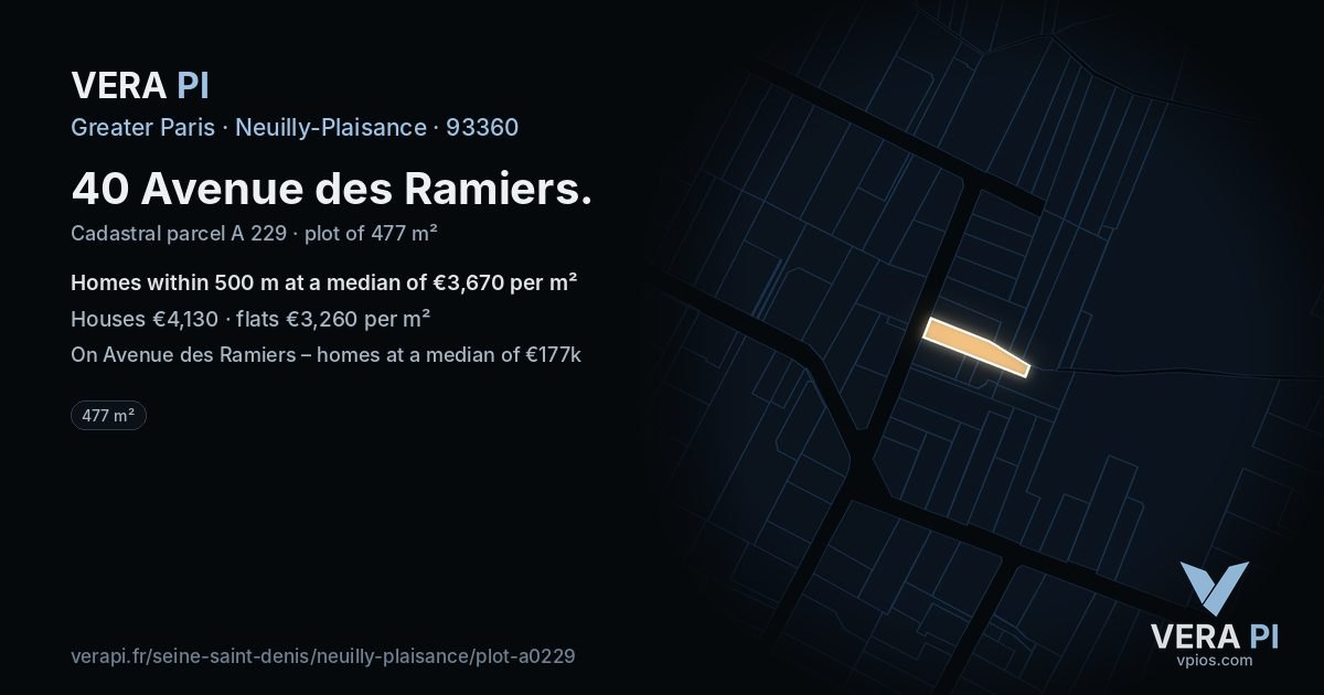 40 Avenue des Ramiers, Neuilly-Plaisance at night – the plot lit, the parcels around coloured by the prices near them