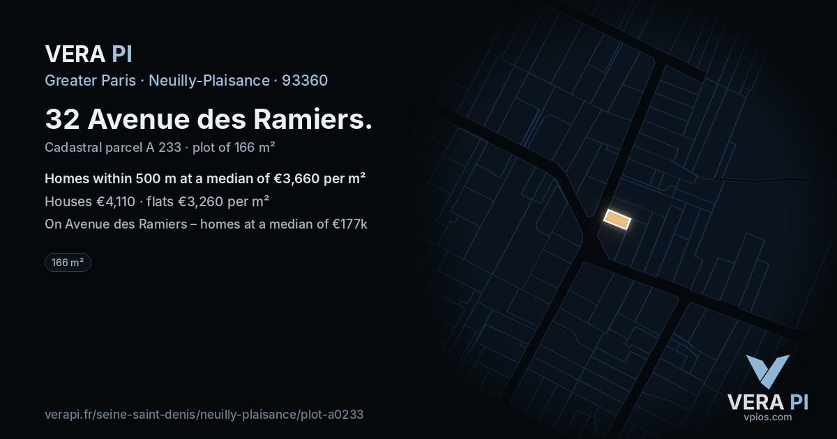 32 Avenue des Ramiers, Neuilly-Plaisance at night – the plot lit, the parcels around coloured by the prices near them